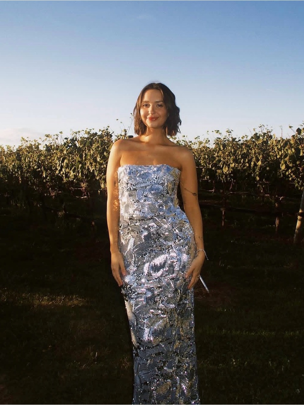 Helsi Leslie sequin strapless gown silver
